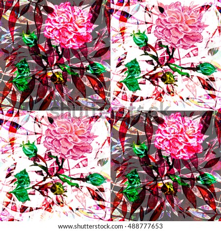 Tropical patchwork.Flower background with roses .Picturesque surface for exotic fabric.Picturesque surface for exotic fabric.Drawing for a decoupage.Floral clip art with colors and layers effect!