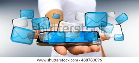 Businessman with digital email icons over  mobile phone 3D rendering