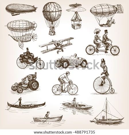 Vintage transport set sketch style vector illustration. Air water transport. Vintage vehicles. Old engraving imitation.