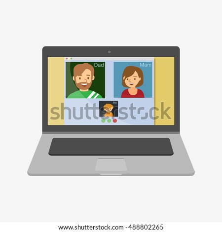 Family talking on skype. Laptop vector illustration icon. Flat design style. Skype video chat. Family skype. Skype vector. Laptop icon. macbook, mac, imac, apple. Macbook vector.  Mac icon.  Royalty-Free Stock Photo #488802265