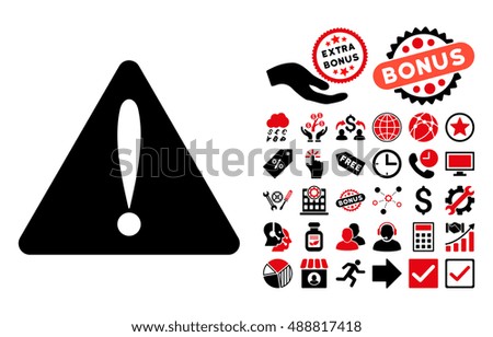 Warning Error icon with bonus design elements. Vector illustration style is flat iconic bicolor symbols, intensive red and black colors, white background.