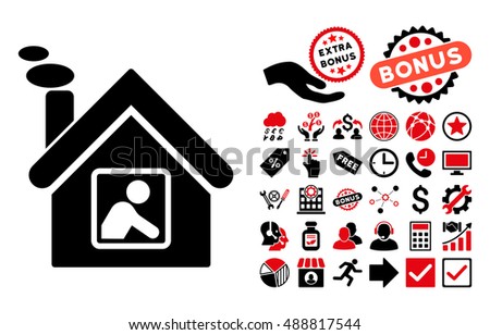 Workshop Building pictograph with bonus clip art. Vector illustration style is flat iconic bicolor symbols, intensive red and black colors, white background.