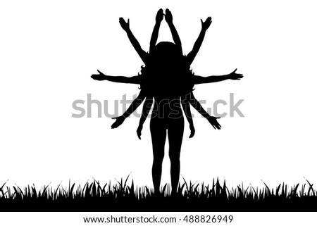 Vector silhouette of woman in nature on white background.