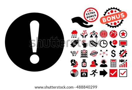 Problem icon with bonus images. Vector illustration style is flat iconic bicolor symbols, intensive red and black colors, white background.