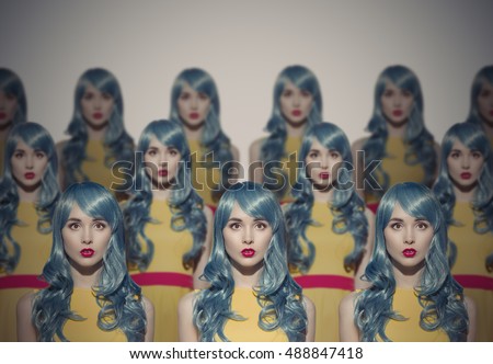 Many Glamour Beauty Woman Clones. Identical Crowd Concept. On Gray Background. Royalty-Free Stock Photo #488847418