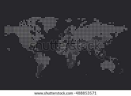 Dotted World map of square dots on dark background.