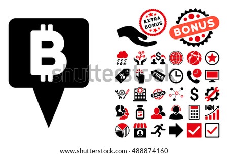 Bitcoin Map Pointer icon with bonus clip art. Vector illustration style is flat iconic bicolor symbols, intensive red and black colors, white background.