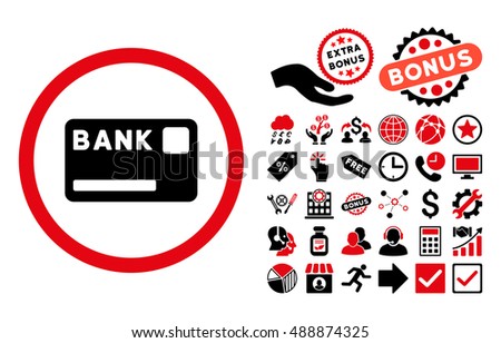 Bank Card icon with bonus clip art. Vector illustration style is flat iconic bicolor symbols, intensive red and black colors, white background.