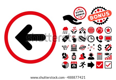 Arrow Left icon with bonus clip art. Vector illustration style is flat iconic bicolor symbols, intensive red and black colors, white background.