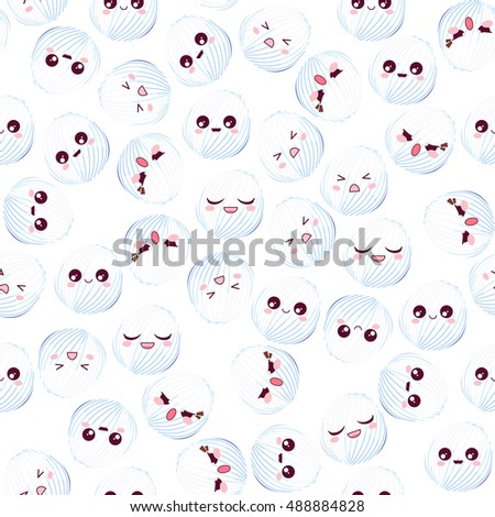 Vector seamless pattern. Cute, Kawaii colored balls with lovely smile face. Flat cartoon character design, abstract background. Childish texture, textile, print