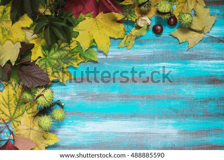Frame made of autumn leaves, chestnuts and wild grapes on old wooden background. Copy space.