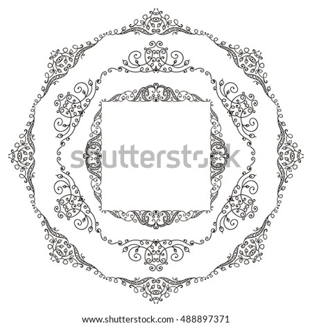 Vector set of elements for design. Square corners and round frames. Beautiful ornate floral elements, vine and grapes. Vintage, hand drawing doodle style. New elements in each set