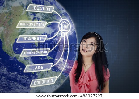 Property value concept with beautiful female entrepreneur touching property value icon and globe on the virtual screen. Elements of this image furnished by NASA