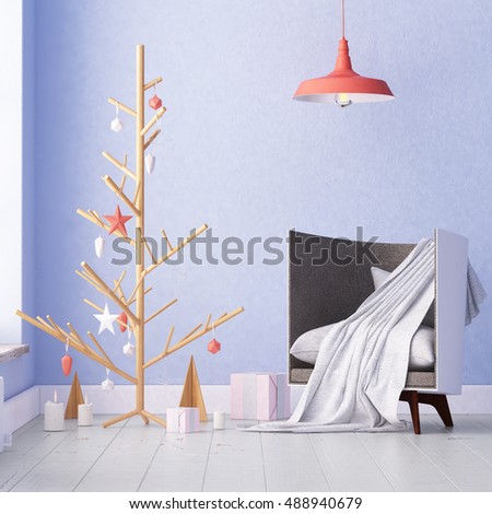 mockup interior with Christmas tree and armchair