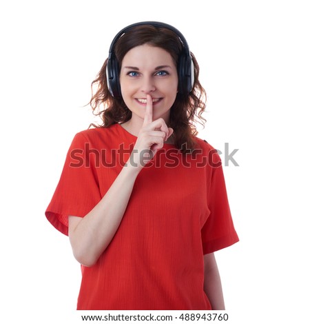 Smiling young woman in casual clothes over white isolated background with headphones, happy people, music, technology, resting concept