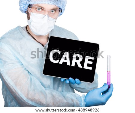 Doctor holding a tablet pc with CARE sign on the display. isolated on white.