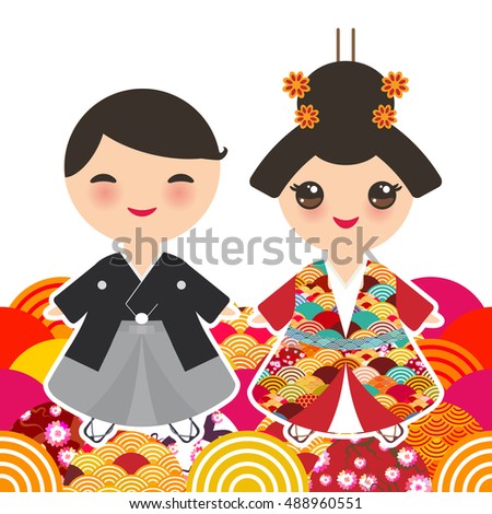 Japanese boy and girl in national costume. kimono, Cartoon children in traditional dress. Japan sakura wave circle pattern orange red burgundy colors card banner design on white background. Vector