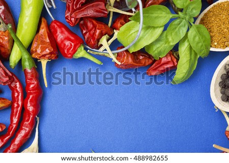 chili pepper, Various spices on old wooden, room for text. toned image frame 