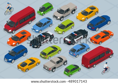 Flat 3d isometric high quality city transport car icon set. Sedan, van, cargo truck, off-road,  bike, mini and sport cars. Urban public and freight vehihle. For infographics, design and game