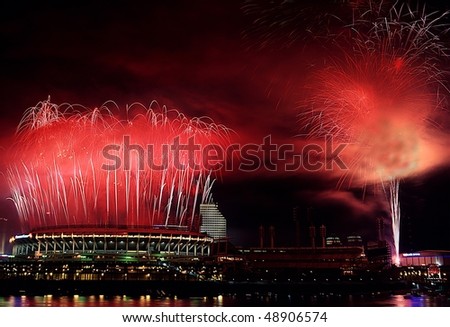 Cincinnati Riverfront Stadium, last game night during the softball game.  Historic photo only time fireworks shot off of the building. One night only before being replaced.