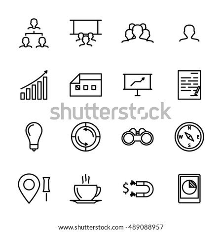 Vector black line Business strategy icons set on white background