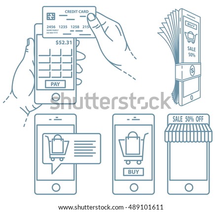Mobile payment illustration set. Hand holds smartphone with online banking and touch pay button.
