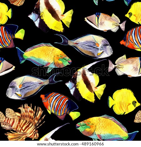 Watercolor fish. Sea fish set illustration isolated on black background. Seamless pattern