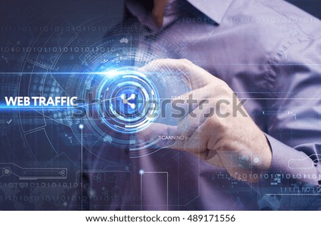 Business, Technology, Internet and network concept. Young businessman working on a virtual screen of the future and sees the inscription: web traffic