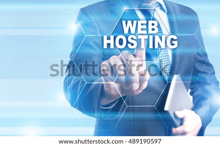 Businessman is pressing on the virtual screen and selecting "Web hosting".