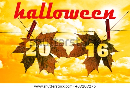 Two Colorful fall dry and wet  leaves hanged on clothesline with clips isolated on white background Couple concept idea symbol of rainy weather. Happy holiday 2016 year