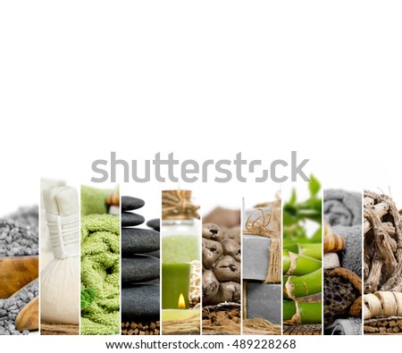 Photo of abstract mix stripes with towels, lava stones, candle and salt; green and gray colors; spa and wellness concept; white space for text
