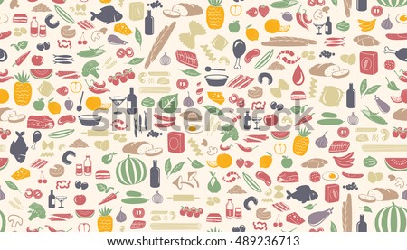 Seamless colorful pattern made from small food illustrations. 
