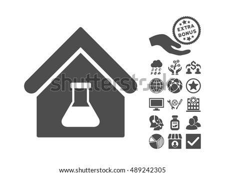 Chemical Labs Building pictograph with bonus clip art. Vector illustration style is flat iconic symbols, gray color, white background.