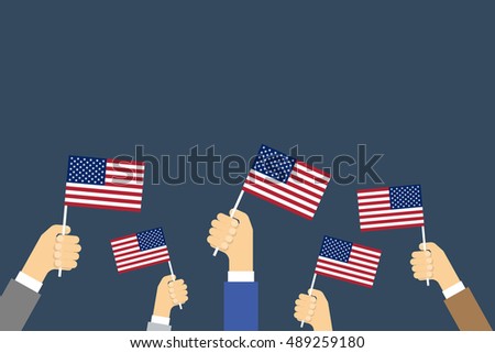 Hands Holding Up American Flags. Vector background