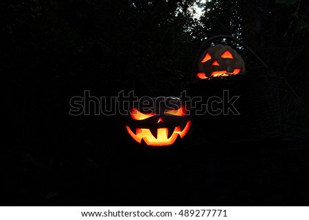 Halloween scary and funny pumpkins on a log in a basket in the darkness with the glow from the inside