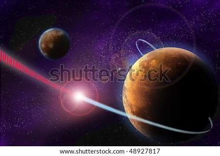 Illustration of deep space with planet. Laser beam with binary code for future digital communication. Abstract picture with dark background.