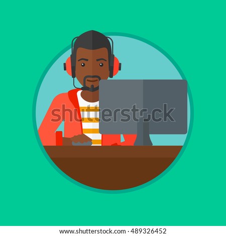 An african-american man playing computer game. Gamer in headphones playing online games. Gamer using computer for playing game. Vector flat design illustration in the circle isolated on background.