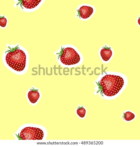Seamless pattern of realistic image of delicious ripe strawberries different sizes. Yellow background