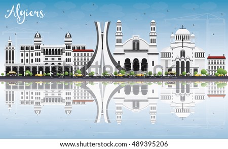 Algiers Skyline with Gray Buildings, Blue Sky and Reflections. Vector Illustration. Business Travel and Tourism Concept. Image for Presentation Banner Placard and Web Site.