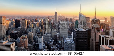 New York City. Manhattan downtown skyline skyscrapers at sunset. Royalty-Free Stock Photo #489405427