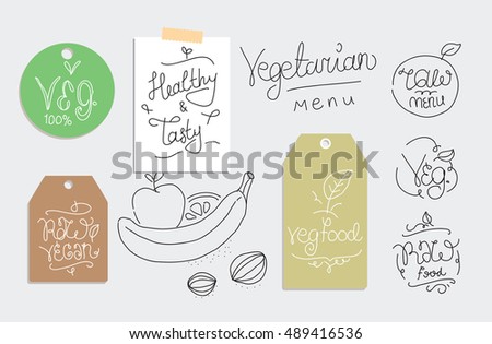 Vegetarian food labels. Hand drawn typographic elements. Usable for logo, packaging, print and identity. Vegan cuisine. Raw foods. 