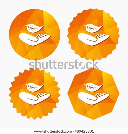 Nature insurance sign icon. Hand holds leaf symbol. Environmental protection symbol. Triangular low poly buttons with flat icon. Vector
