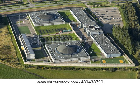 Aerial view of Penitentiaire Inrichting Lelystad, a penitentiary building in the province of Flevoland, Holland.