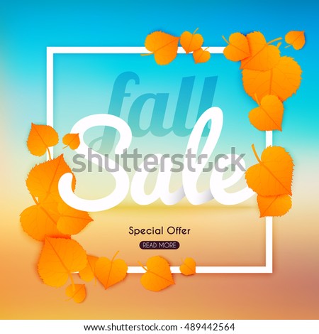 Fall sale Banner with autumn leaf.  Poster, Flyer. Blurred background. Vector illustration.

