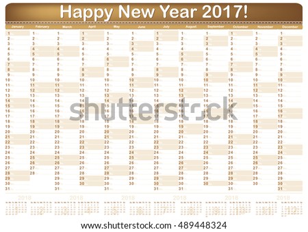 Calendar 2017 - English printable Organizer (planner) - contains the Dates highlighted, the days of the month and some space for personal notes. The image contains the 2018 Year calendar. CMYK colors.