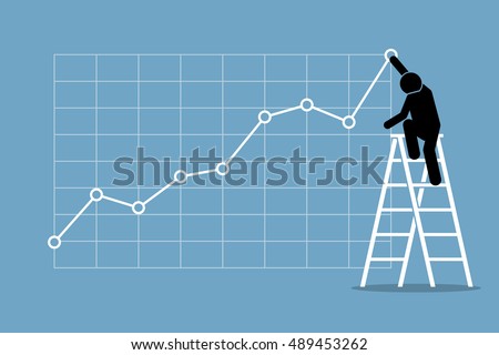Businessman climbing up on a ladder to adjust an uptrend graph chart on a wall. Vector artwork depicts financial success, bullish stock market, good sales, profit, and growth.