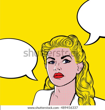 Vector Illustration of a Blonde Woman in a Retro Style. Comic Background. Pop Art Banner. Beautiful girl with speech bubble. Yellow background. Stylish poster.