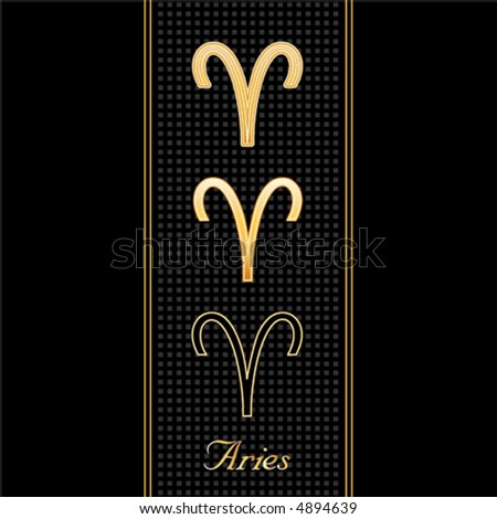 ARIES SYMBOLS, gold embossed zodiac icons in three styles for the astrology Fire Sign, textured black background. EPS8 compatible.