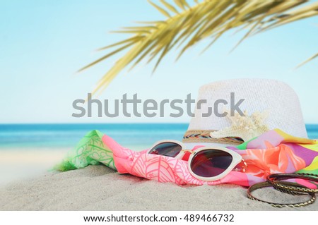 White hat on sea backround, Concept of summer traveling 