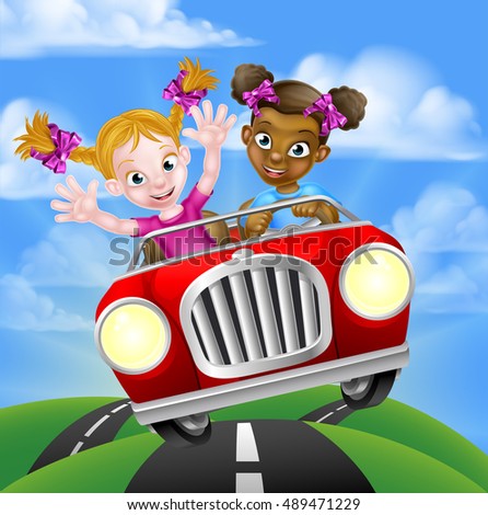 Cartoon girls having fun driving fast in a car on a road trip
